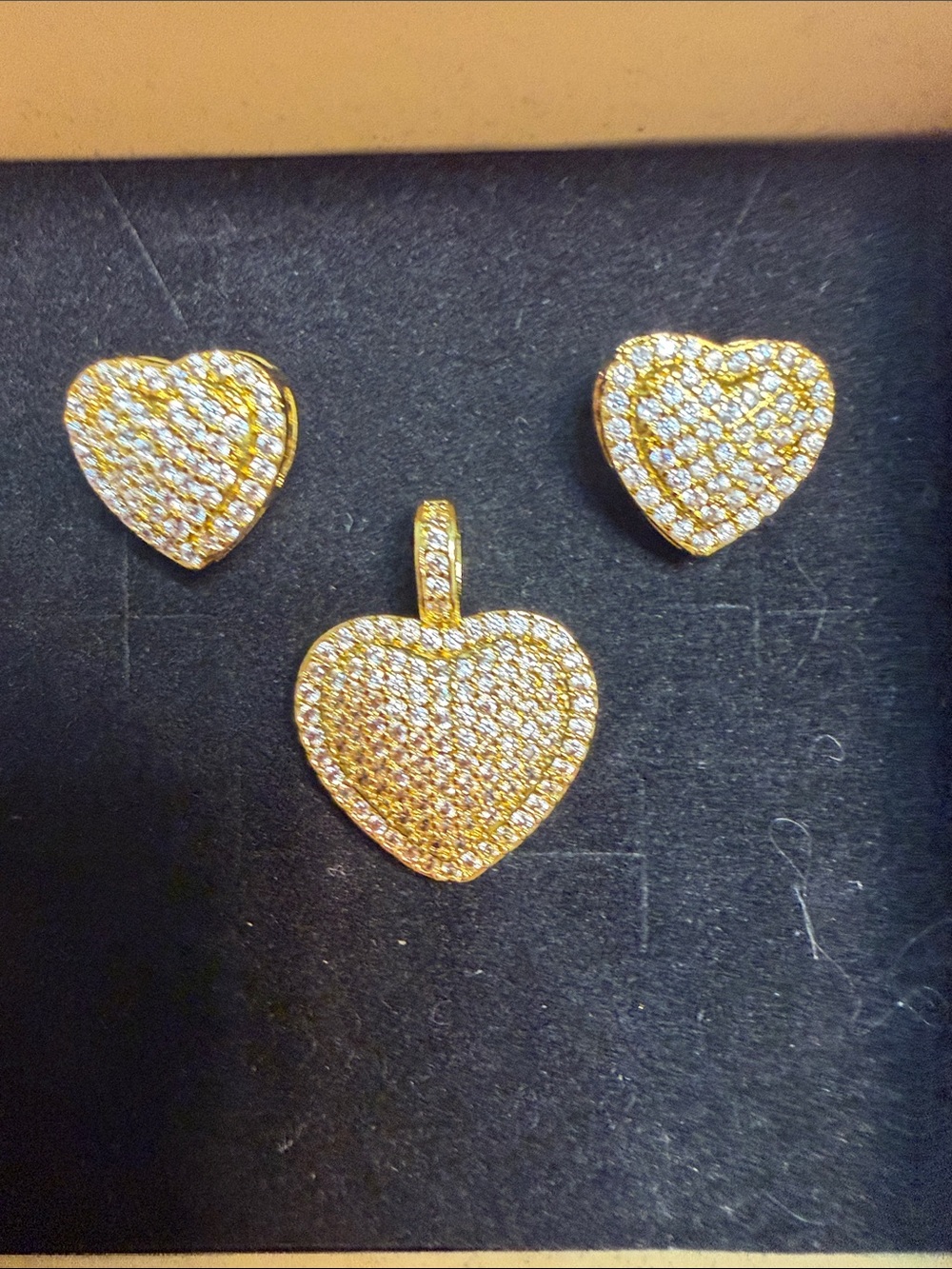 Gold Pavé Heart Pendant and Stud Earring Set